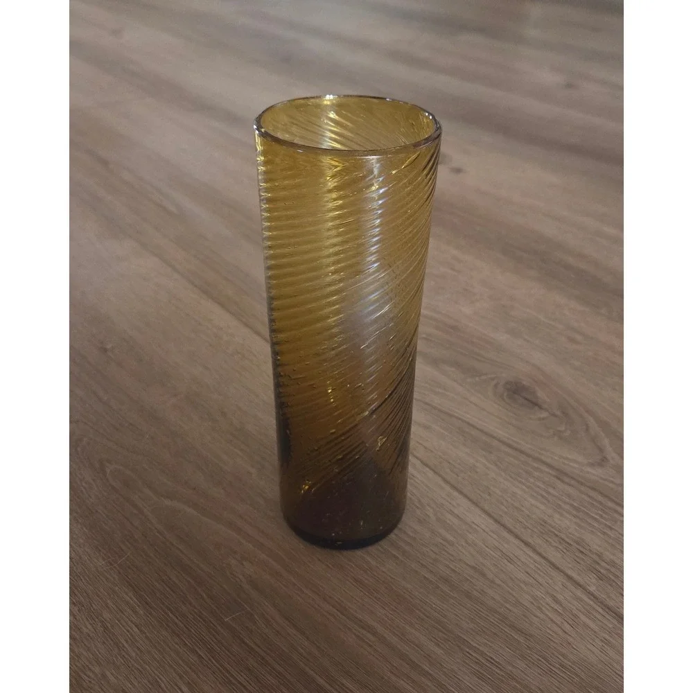 Amber Hand Blown Glass Spiral Optic Cylinder Vase Mid Century Modern Honey